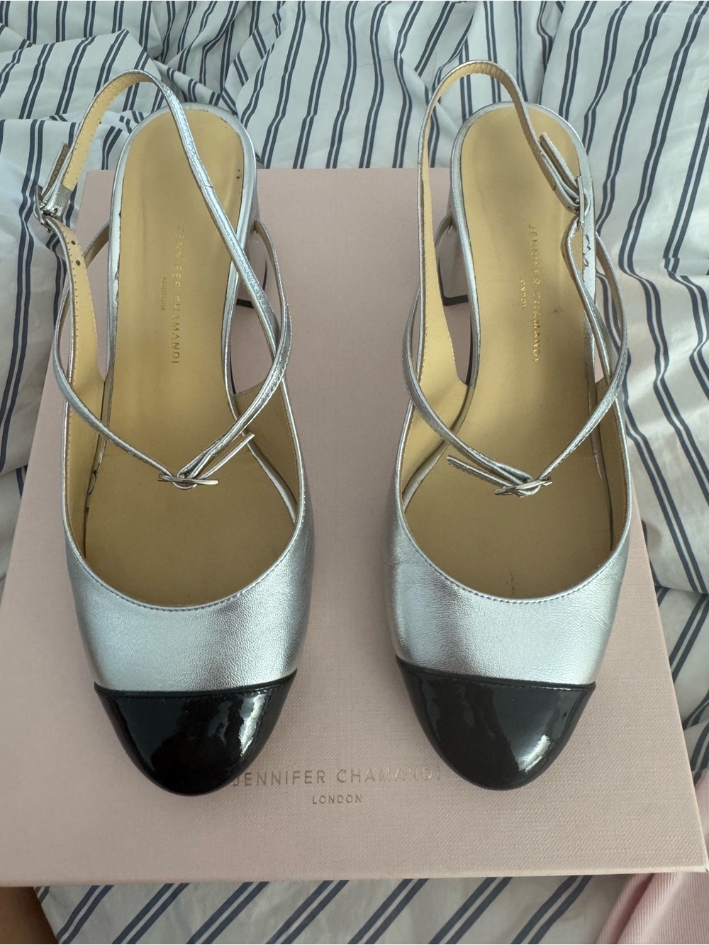 Jennifer Chamandi Silver Slingback Pumps with Black Cap two toned